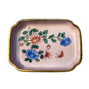 Vintage Hand-Painted Floral Pink Ceramic Trinket Tray With Gold Trim